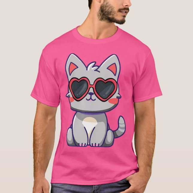 Valentines Cat Kitten Wearing Sunglass Heart Cat L T-Shirt (Front)
