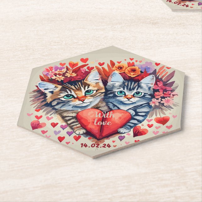 Valentines cats with heart paper coaster (Angled)