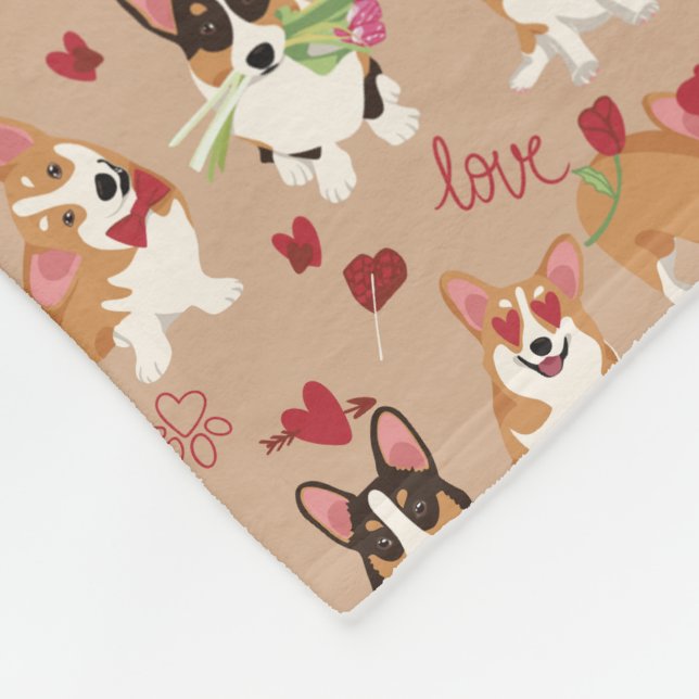 Valentines Corgi Love Pattern Cozy Fleece Blanket (Corner)