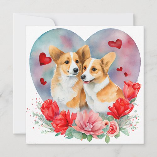 Valentines Corgi Pair Heart Flowers Watercolor  Holiday Card
