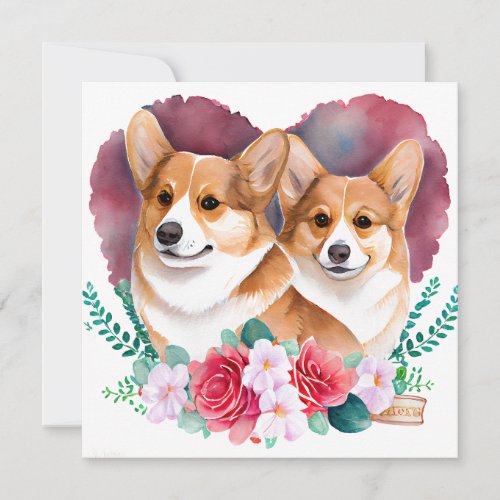 Valentines Corgi Pair Heart Flowers Watercolor  Holiday Card