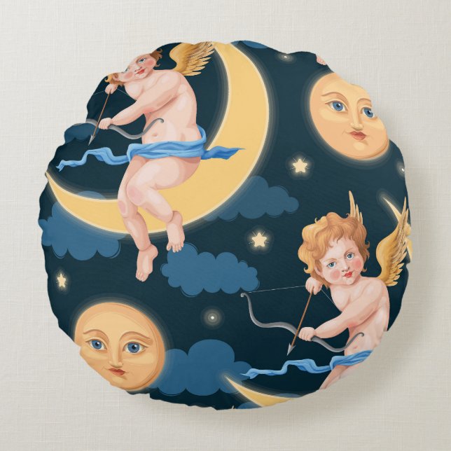 Valentine's cupid, moon: seamless pattern round pillow (Front)