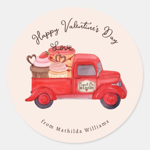 Valentines Cupids Delivery Red Truck Classic Round Sticker