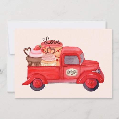 Valentines Cupids Delivery Red Watercolor Truck Holiday Card