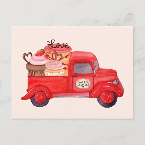 Valentines Cupids Delivery Red Watercolor Truck Holiday Postcard