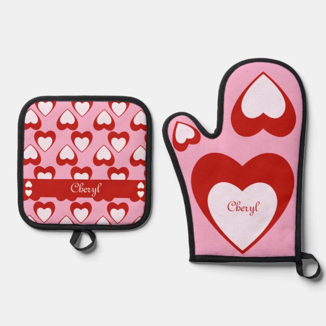 Valentines Customizable Names or Other Text Oven Mitt & Pot Holder Set (Front)