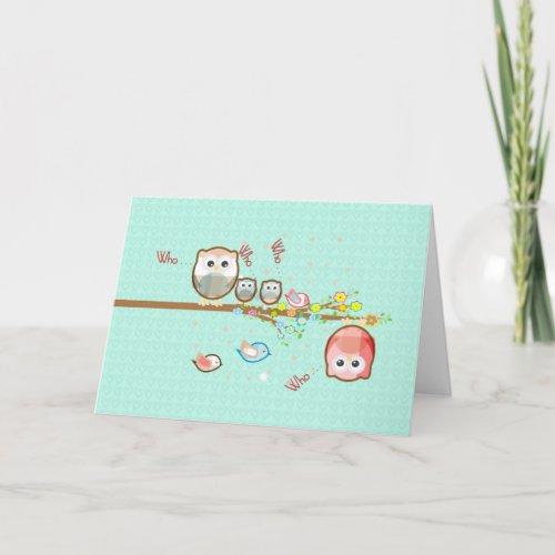 Valentines Cute Owl Family on a Branch Card