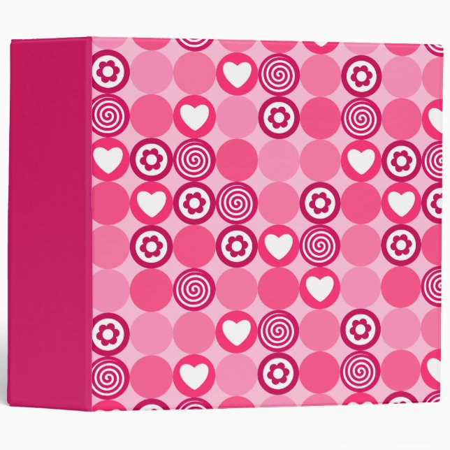 Valentines Cute Pink Heart and Flower Dots Pattern 3 Ring Binder (Front/Spine)