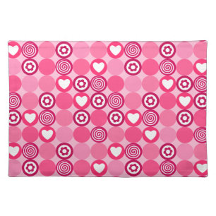 Valentines Cute Pink Heart and Flower Dots Pattern Cloth Placemat