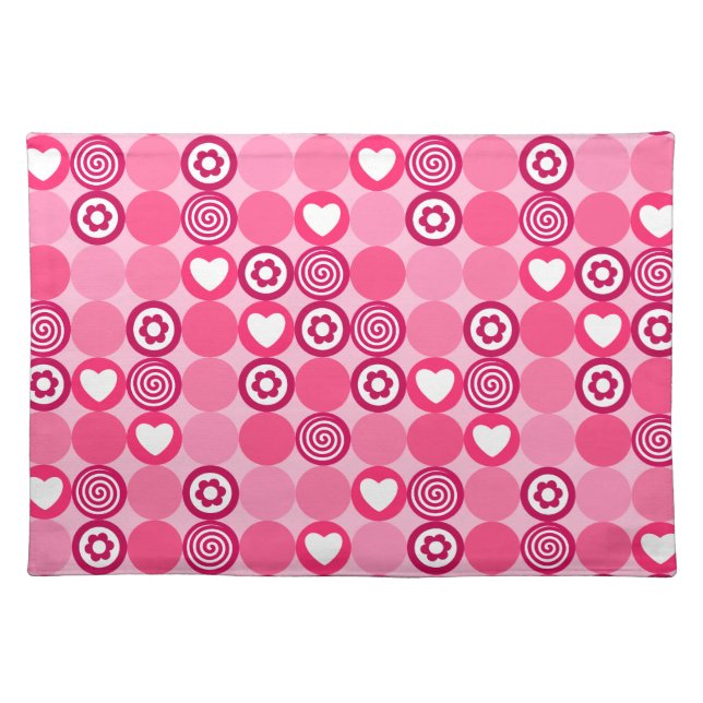 Valentines Cute Pink Heart and Flower Dots Pattern Cloth Placemat (Front)