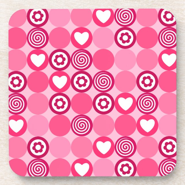 Valentines Cute Pink Heart and Flower Dots Pattern Coaster (Front)