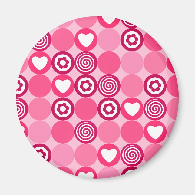 Valentines Cute Pink Heart and Flower Dots Pattern Magnet (Front)