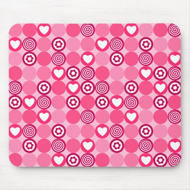 Valentines Cute Pink Heart and Flower Dots Pattern Mouse Pad (Front)