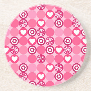 Valentines Cute Pink Heart and Flower Dots Pattern Sandstone Coaster