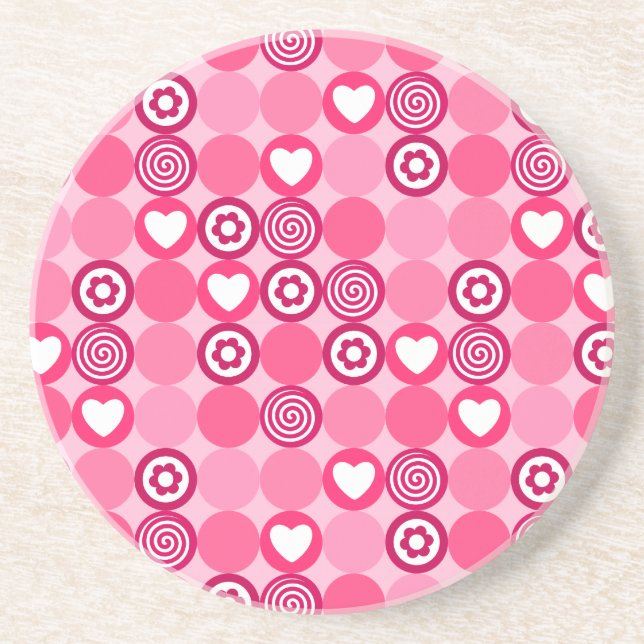 Valentines Cute Pink Heart and Flower Dots Pattern Sandstone Coaster (Front)