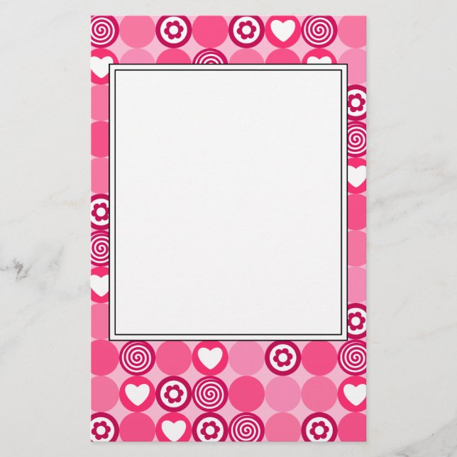 Valentines Cute Pink Heart and Flower Dots Pattern Stationery (Front)