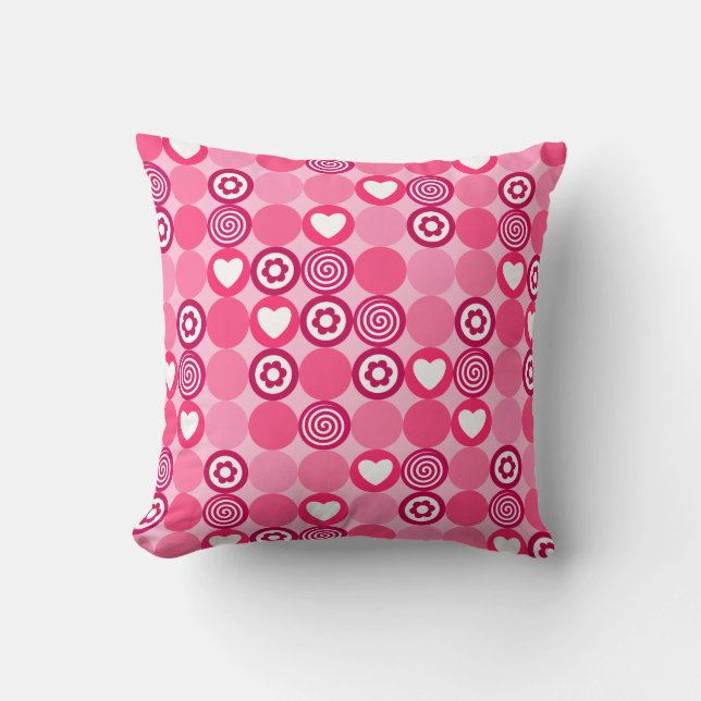 Valentines Cute Pink Heart and Flower Dots Pattern Throw Pillow (Front)