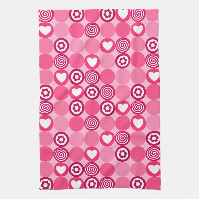 Valentines Cute Pink Heart and Flower Dots Pattern Towel (Vertical)