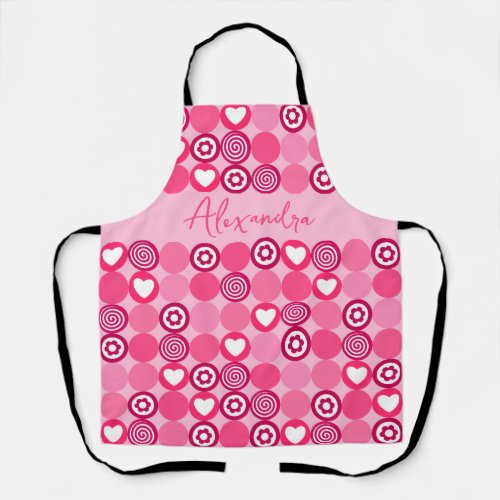 Valentines Cute Pink Heart and Flower Pattern Name Apron