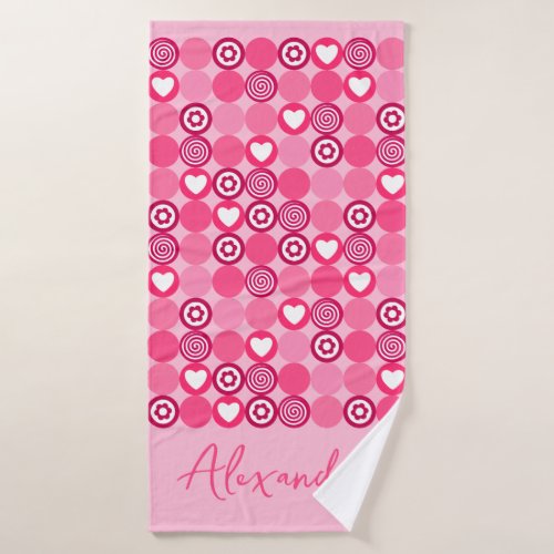 Valentines Cute Pink Heart and Flower Pattern Name Bath Towel