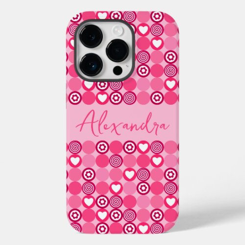 Valentines Cute Pink Heart and Flower Pattern Name Case_Mate iPhone 14 Pro Case