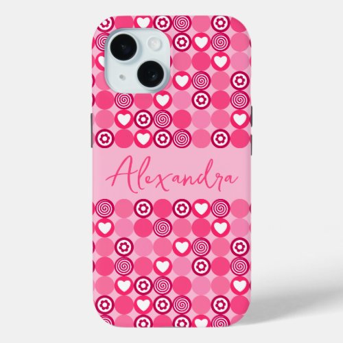 Valentines Cute Pink Heart and Flower Pattern Name iPhone 15 Case