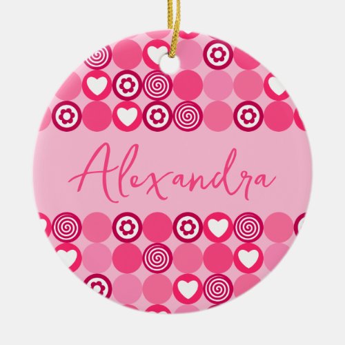 Valentines Cute Pink Heart and Flower Pattern Name Ceramic Ornament