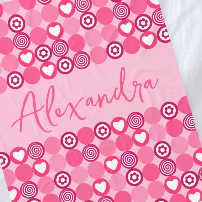 Valentines Cute Pink Heart and Flower Pattern Name Fleece Blanket (Creator Uploaded)