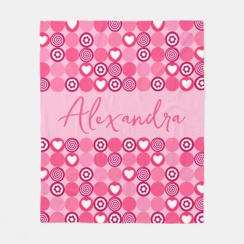 Valentines Cute Pink Heart and Flower Pattern Name Fleece Blanket