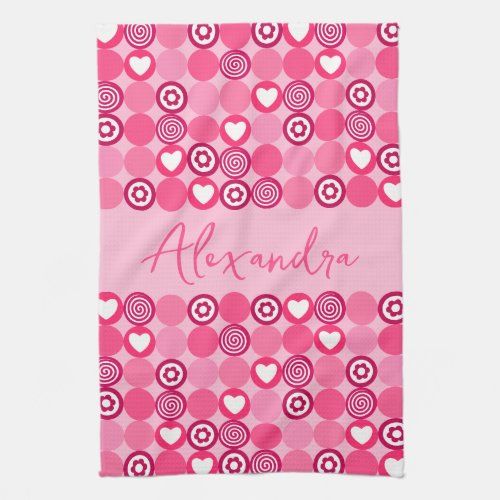 Valentines Cute Pink Heart and Flower Pattern Name Kitchen Towel