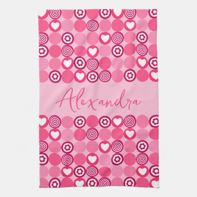 Valentines Cute Pink Heart and Flower Pattern Name Kitchen Towel (Vertical)