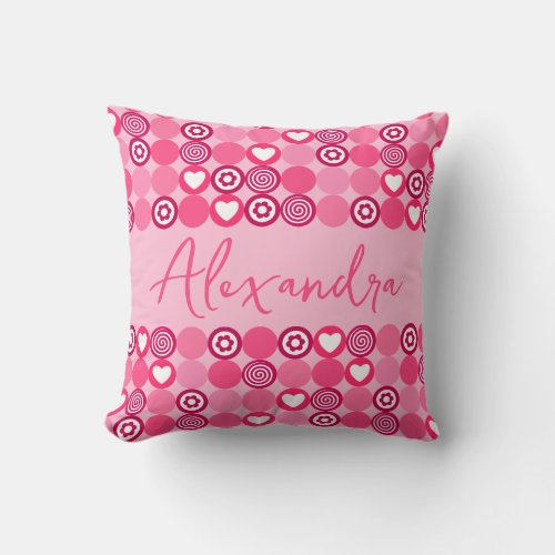 Valentines Cute Pink Heart and Flower Pattern Name Throw Pillow