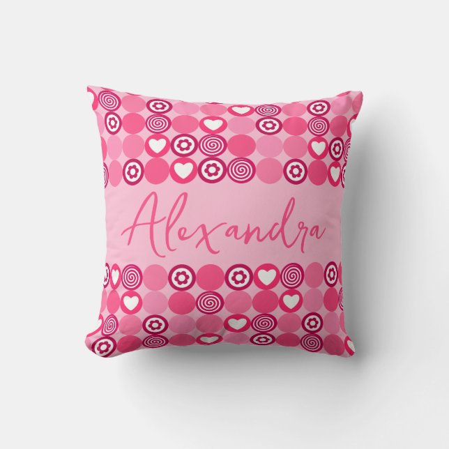 Valentines Cute Pink Heart and Flower Pattern Name Throw Pillow (Front)