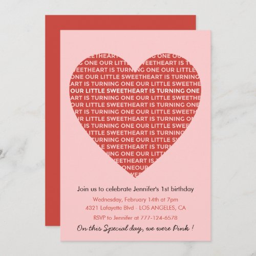 Valentines day 1st birthday invitations Big Heart