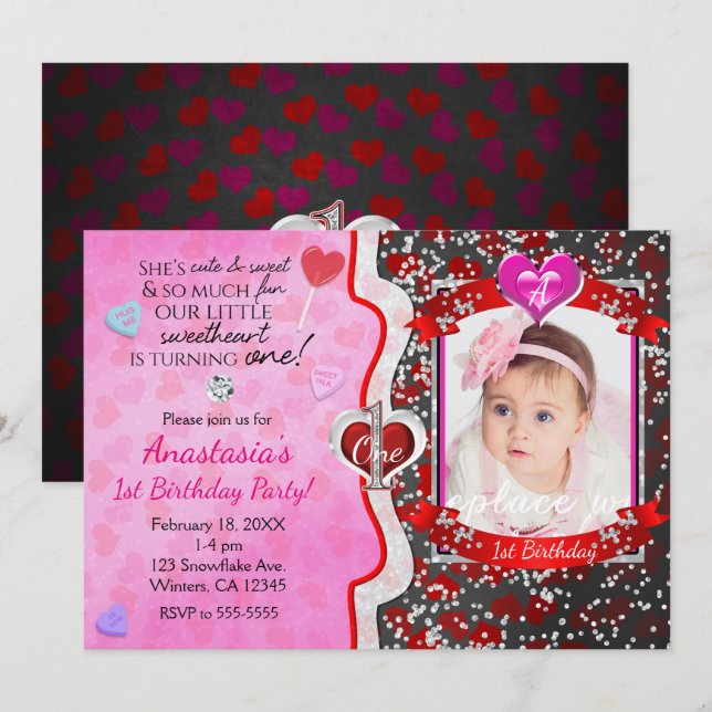 Valentine's Day 1st Birthday Photo Invitations (Front/Back)