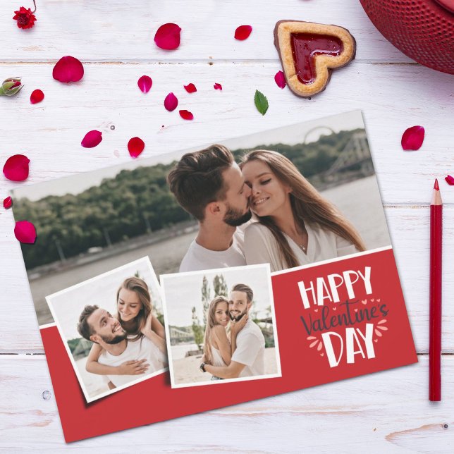 Valentine's day 3 pictures collage red  holiday card (Creator Uploaded)