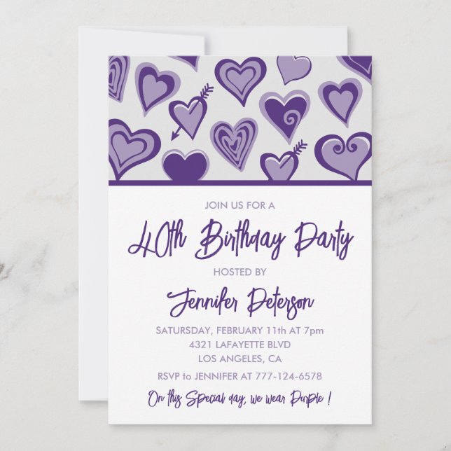 Valentines day 40th birthday purple hearts invitation (Front)