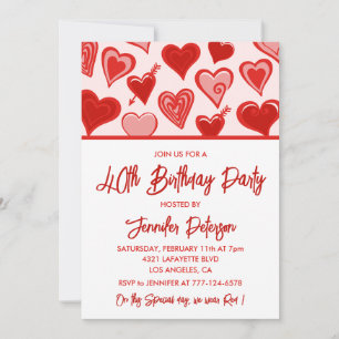 Valentines day 40th birthday red pink hearts invitation