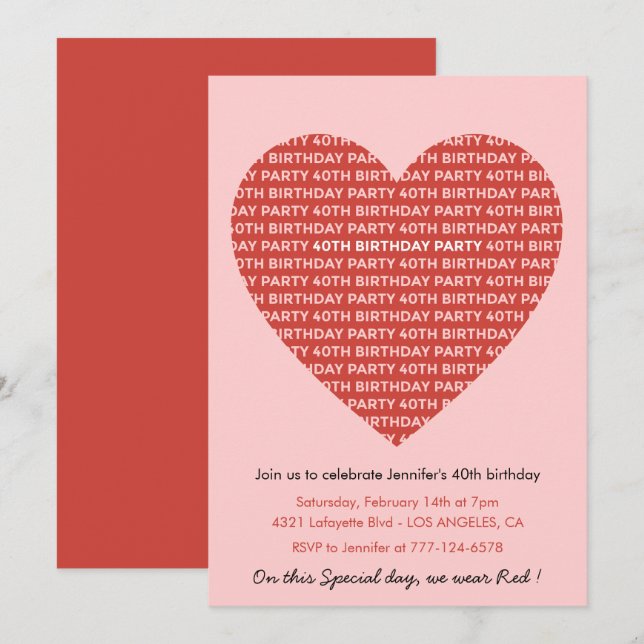 Valentines day 40th birthday typography Red Pink Invitation (Front/Back)