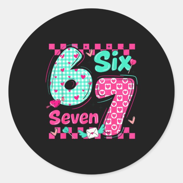 Valentine's Day 6 7 Six Seven Preppy Hearts Couple Classic Round Sticker (Front)
