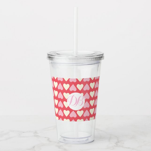 Valentines Day Adorable Hearts Monogram Acrylic Tumbler (Front)