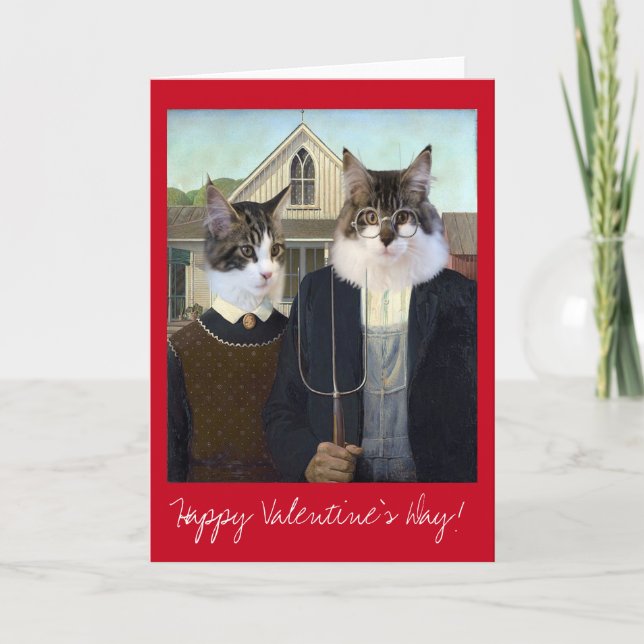 Valentines Day American Gothic funny Cat Holiday Card (Front)