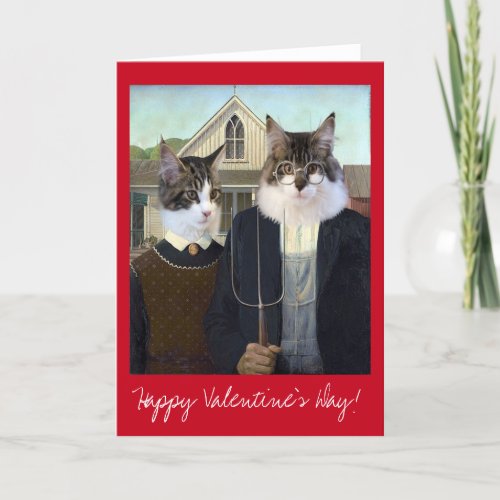 Valentines Day American Gothic funny Cat Holiday Card