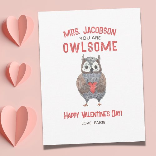Valentines Day Awesome Owl Teacher Valentine Holiday Card