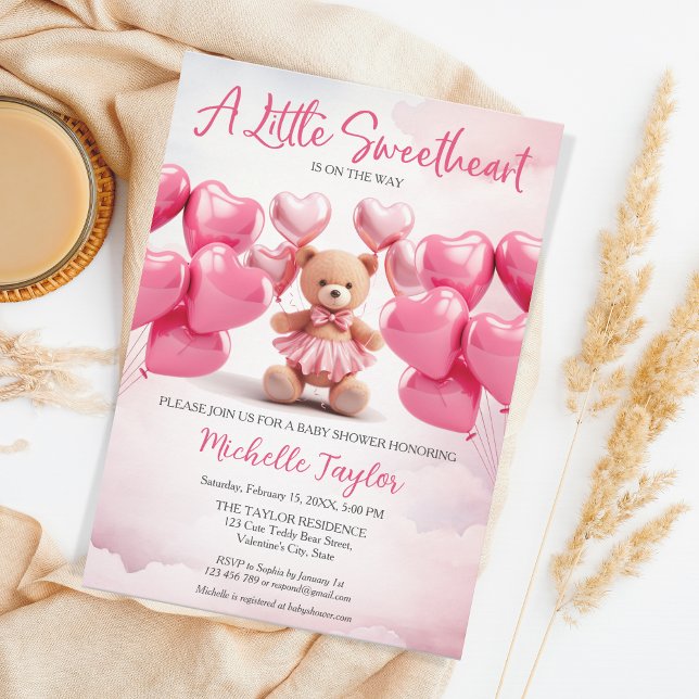 Valentine's Day baby Shower Cute Bear Sweetheart Invitation (valentine's teddy bear heart balloons)