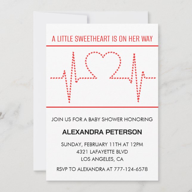 Valentines day baby shower heart beat red white invitation (Front)