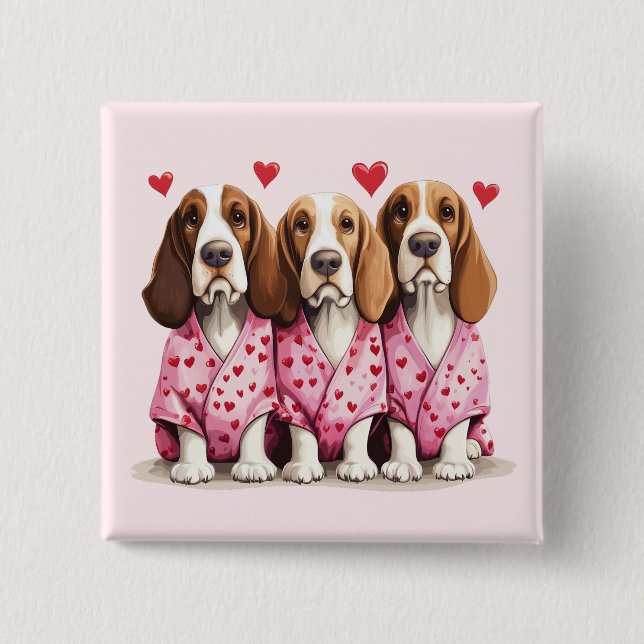 Valentines Day Basset Hound Dogs Button (Front)