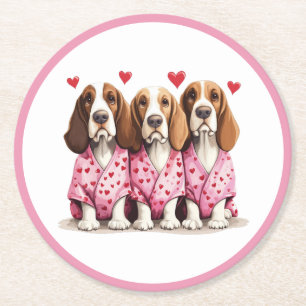 Valentines Day Basset Hound Dogs Round Paper Coaster