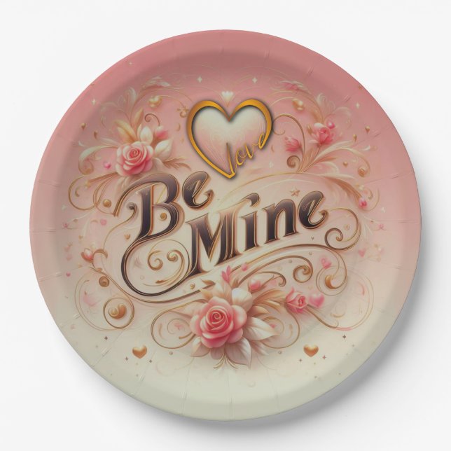 Valentine's Day Be Mine Design with Heart, Quote Paper Plates (Front)
