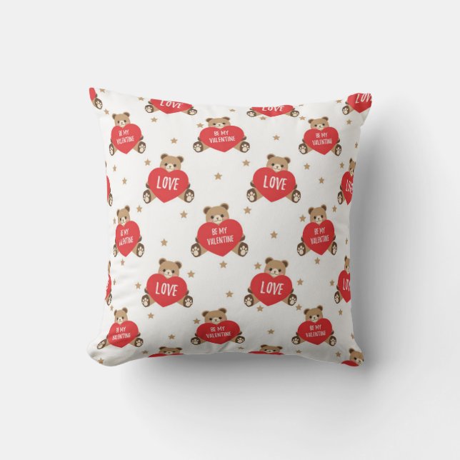 Valentines Day Be My Valentine Hearts & Teddy Bear Throw Pillow (Front)